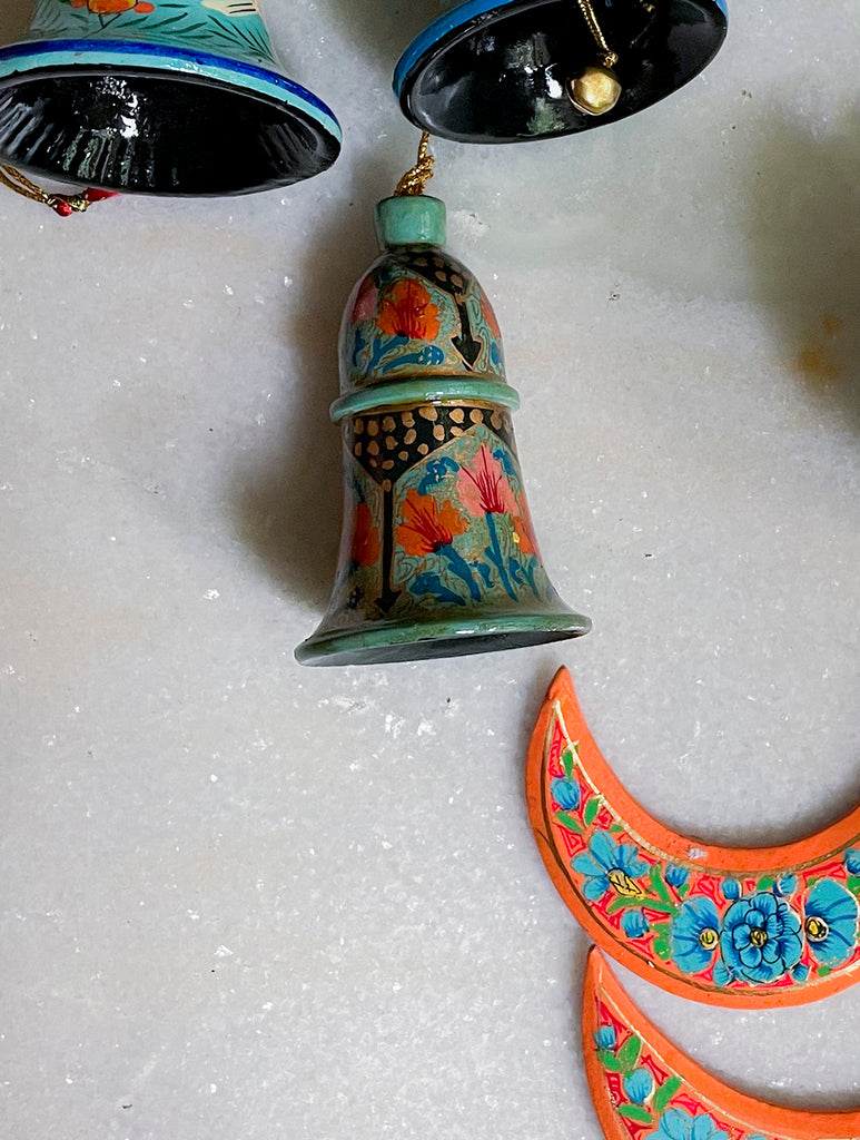 Kashmiri Art Xmas Decorations - Set of 7 (3 Moons, 3 Bells, 1 Bauble)