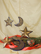 Load image into Gallery viewer, Kashmiri Art Xmas Decorations - Set of 7 (3 Stars, 3 Moon &amp; 1 Heart)