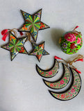 Kashmiri Art Xmas Decorations - Set of 7 (3 Stars, 3 Moons, 1 Bauble)