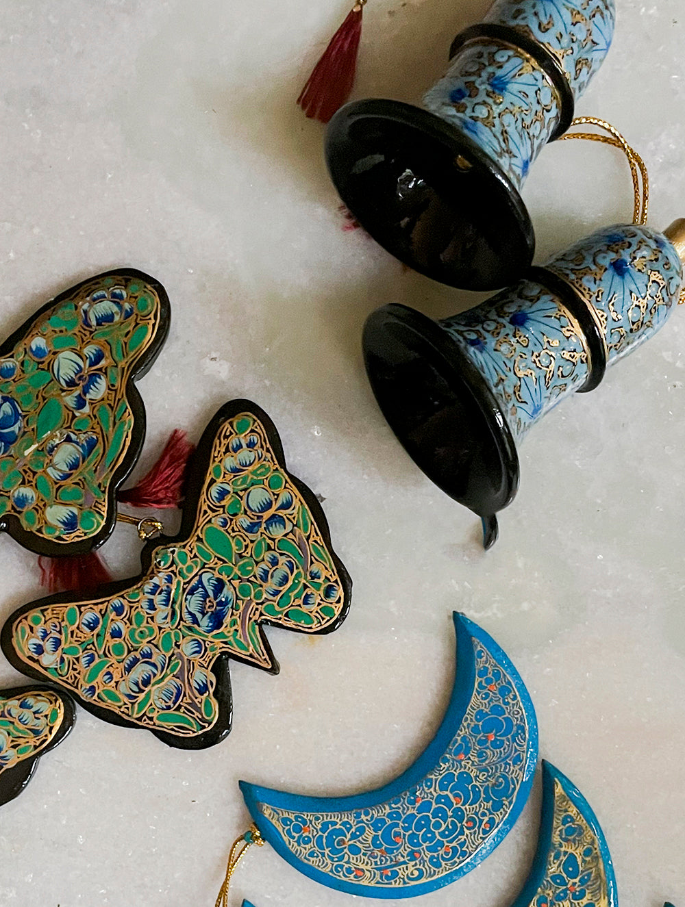 Kashmiri Art Xmas Decorations - Set of 8 (3 Moons, 3 Butterflies, 2 Bells)