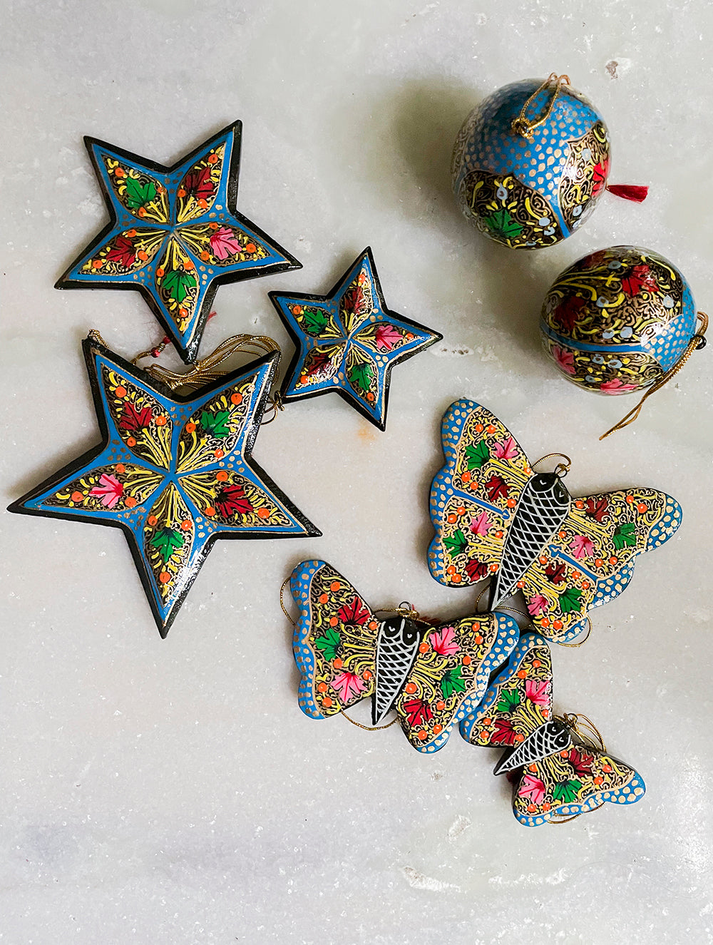 Load image into Gallery viewer, Kashmiri Art Xmas Decorations - Set of 8 (3 Stars, 3 Butterflies, 2 Baubles)
