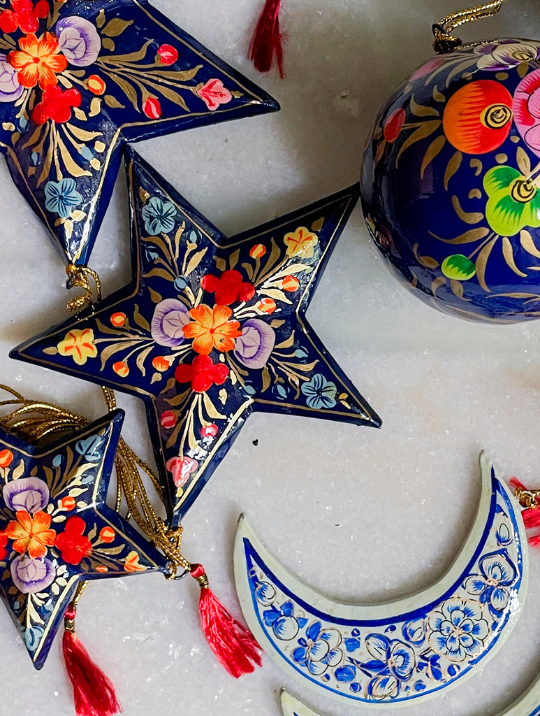 Kashmiri Art Xmas Decorations - Set of 8 (3 Stars, 3 Moons, 2 Baubles)