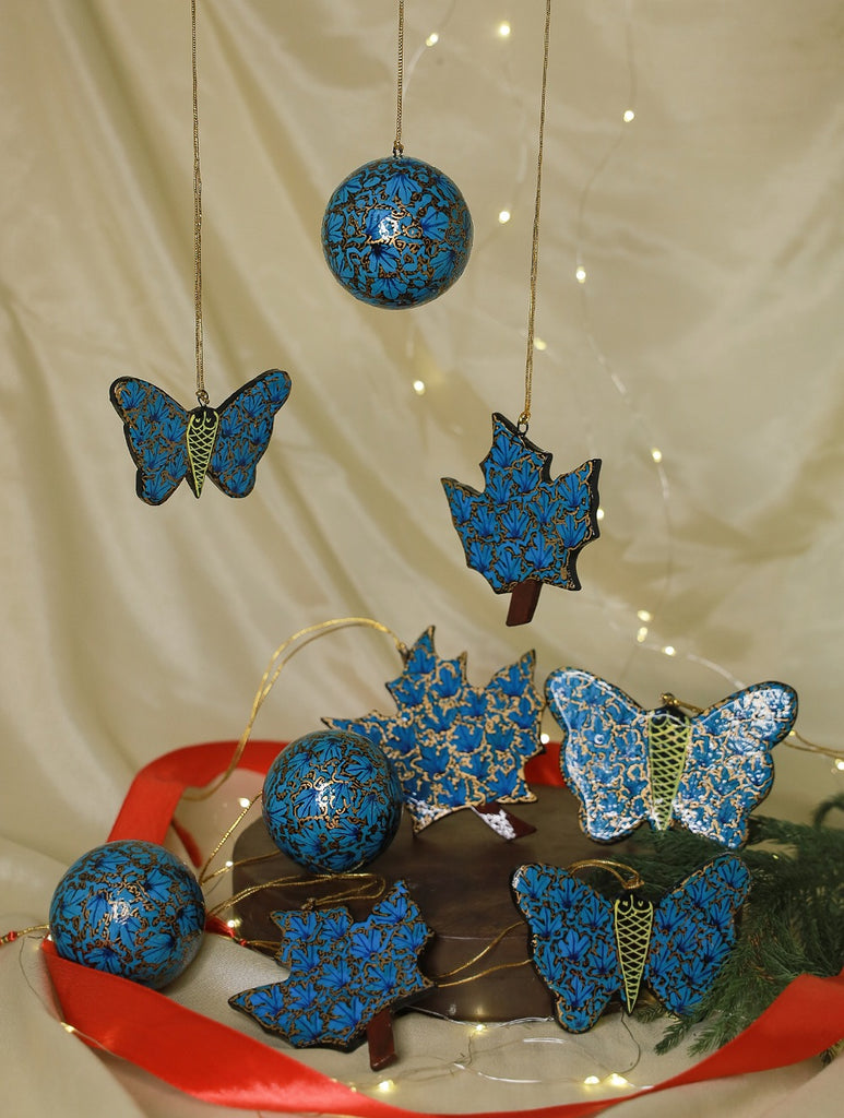 Kashmiri Art Xmas Decorations - Set of 9 (3 Baubles & 3 Butterflies & 3 Leaves)
