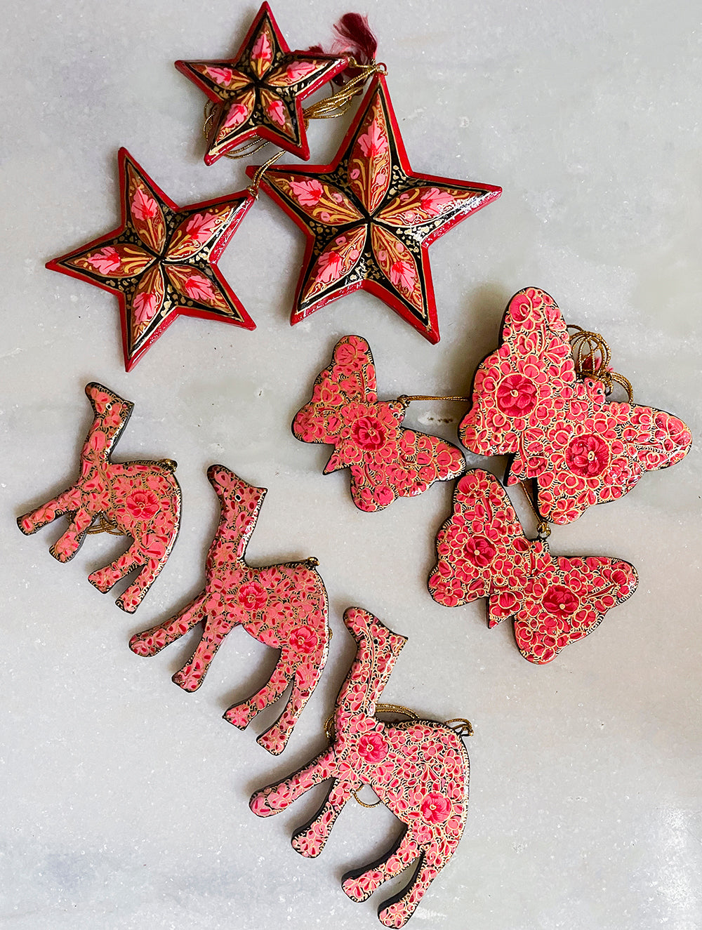 Load image into Gallery viewer, Kashmiri Art Xmas Decorations - Set of 9 (3 Stars, 3 Butterflies, 3 Camels)