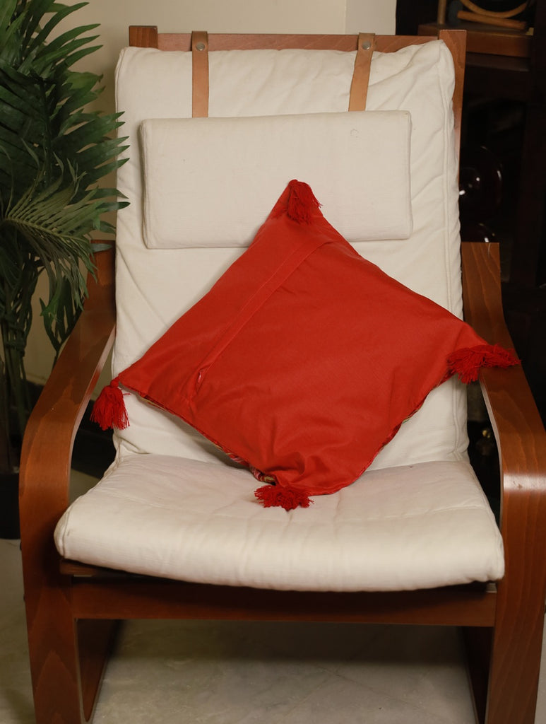 Kashmiri Crewel Work Velvet Cushion Cover - Red Ornate 