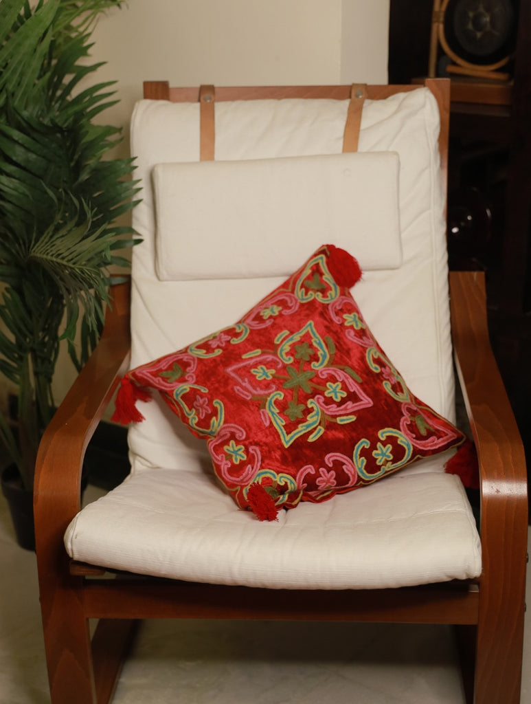 Kashmiri Crewel Work Velvet Cushion Cover - Red Ornate 