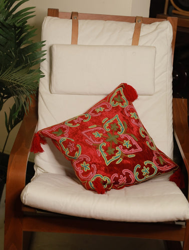 Kashmiri Crewel Work Velvet Cushion Cover - Red Ornate 