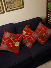 Load image into Gallery viewer, Kashmiri Crewel Work Velvet Cushion Covers - Vivid Red Flora, (Set of 3) 