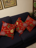 Kashmiri Crewel Work Velvet Cushion Covers - Vivid Red Flora, (Set of 3)