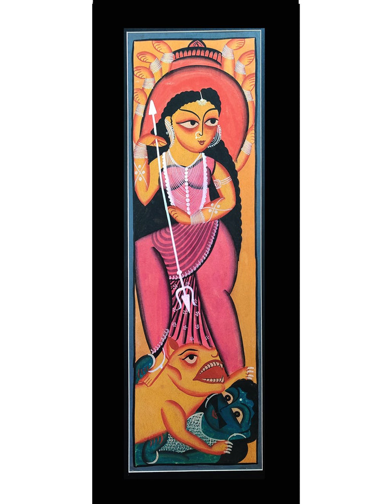 Large Kalighat Art Painting with Mount - Goddess Durga (25" X 10")