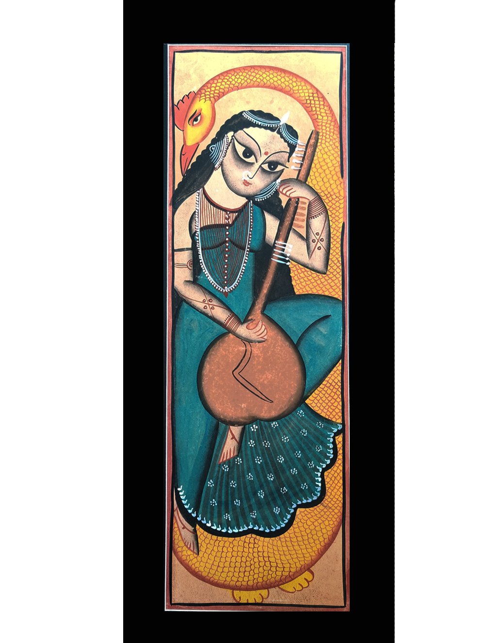 Large Kalighat Art Painting with Mount - Goddess Saraswati (25" X 10")