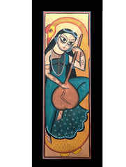 Large Kalighat Art Painting with Mount - Goddess Saraswati (25" X 10")