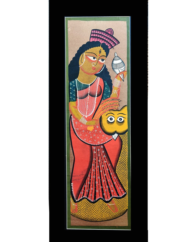 Large Kalighat Art Painting with Mount - Goddess Lakshmi (27" X 10")