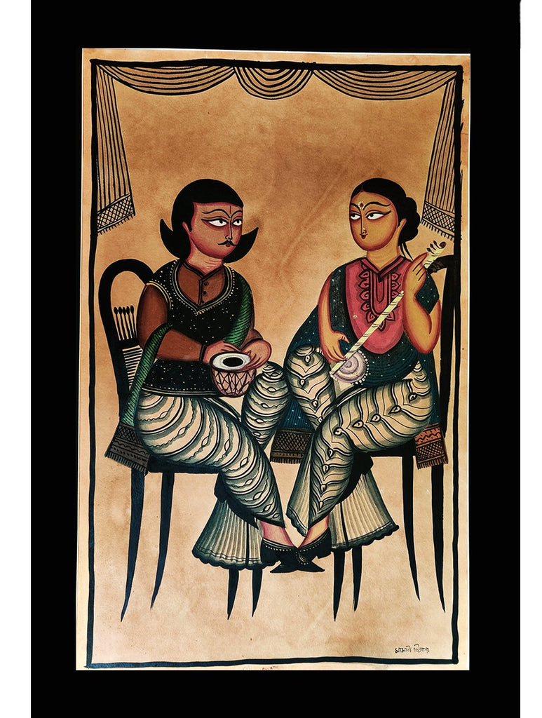 Large Kalighat Art Painting with Mount - Man and Woman (25" X 17")
