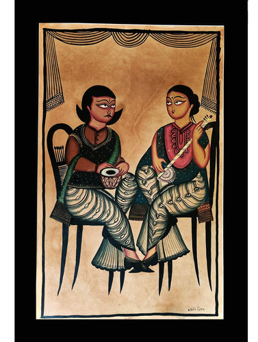 Large Kalighat Art Painting with Mount - Man and Woman (25