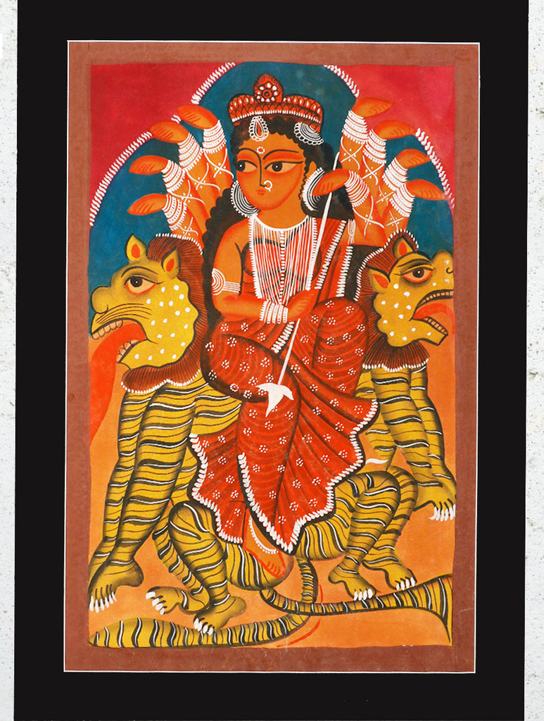 Large Kalighat Painting With Mount - Goddess Durga (25"x 17")