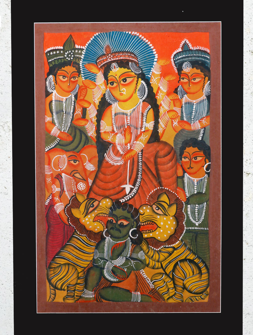 Load image into Gallery viewer, Large Kalighat Painting With Mount - Goddess Durga (25&quot;x 17&quot;)