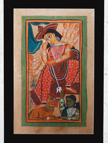 Large Kalighat Painting With Mount - Goddess Durga (25
