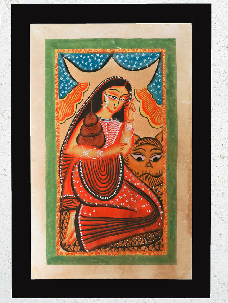 Large Kalighat Painting With Mount - Goddess Durga (25"x 17")
