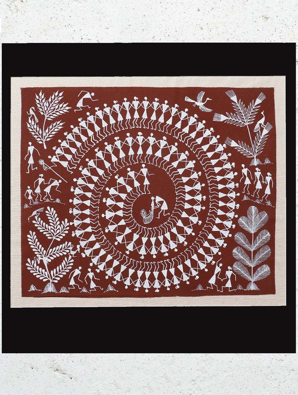 Large Warli Painting With Mount - Traditional Village Dance Ritual (13.5" x16")