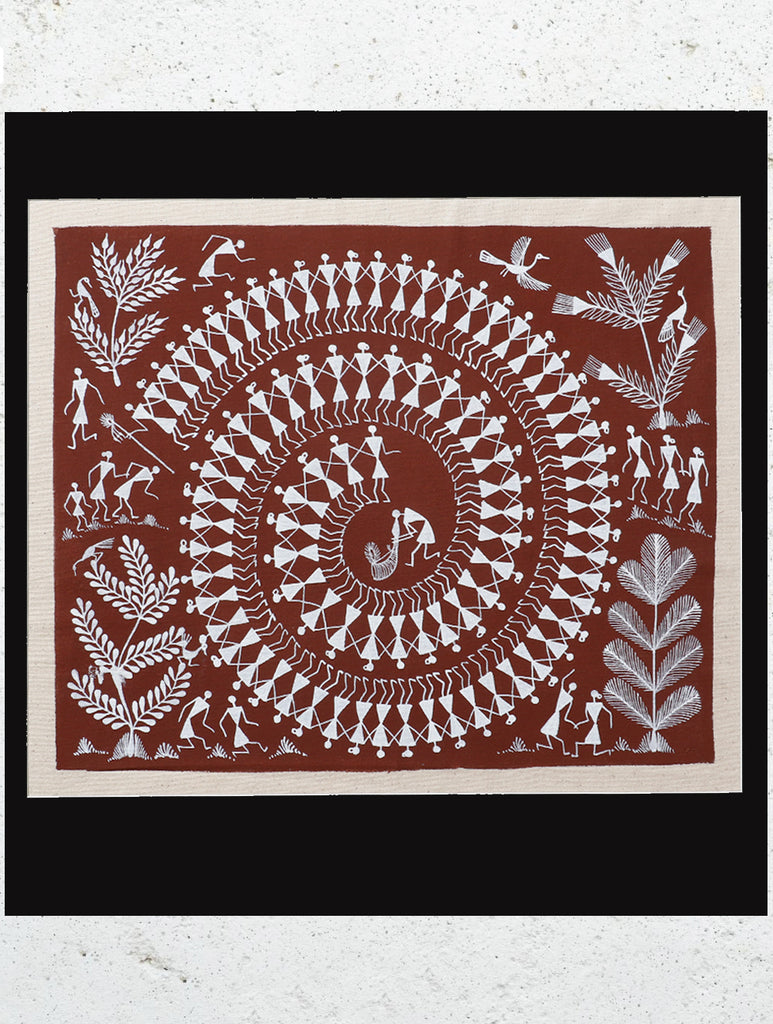 Large Warli Painting With Mount - Traditional Village Dance Ritual (13.5" x16")