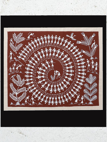 Large Warli Painting With Mount - Traditional Village Dance Ritual (13.5