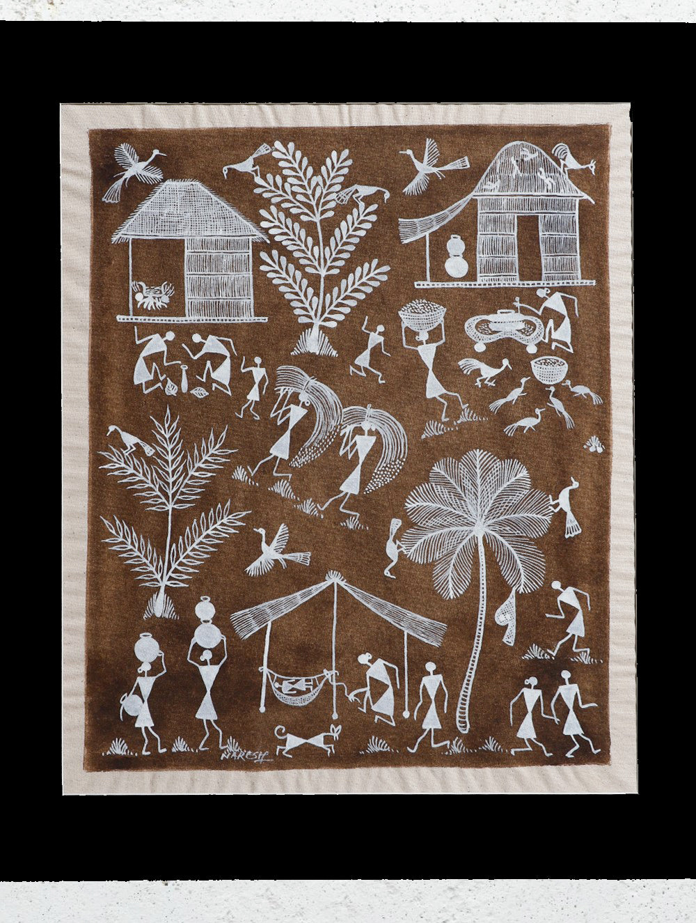 Load image into Gallery viewer, Large Warli Painting With Mount - Village Scene (16&quot;x13.5&quot;)