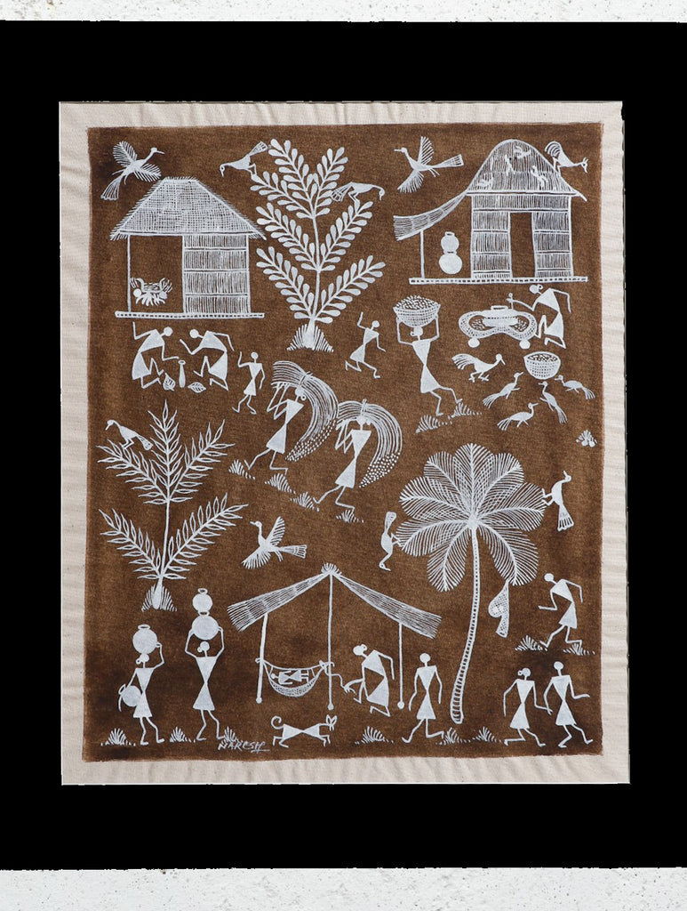 Large Warli Painting With Mount - Village Scene (16"x13.5")