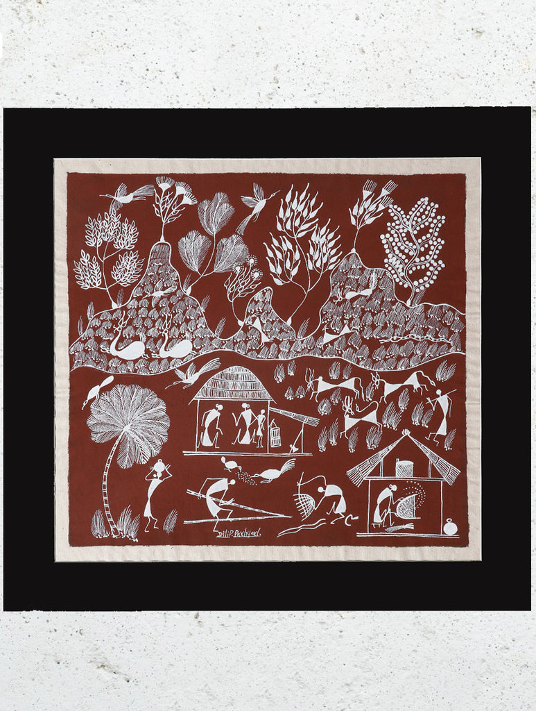 Large Warli Painting With Mount - Village Scene (16"x15.5")