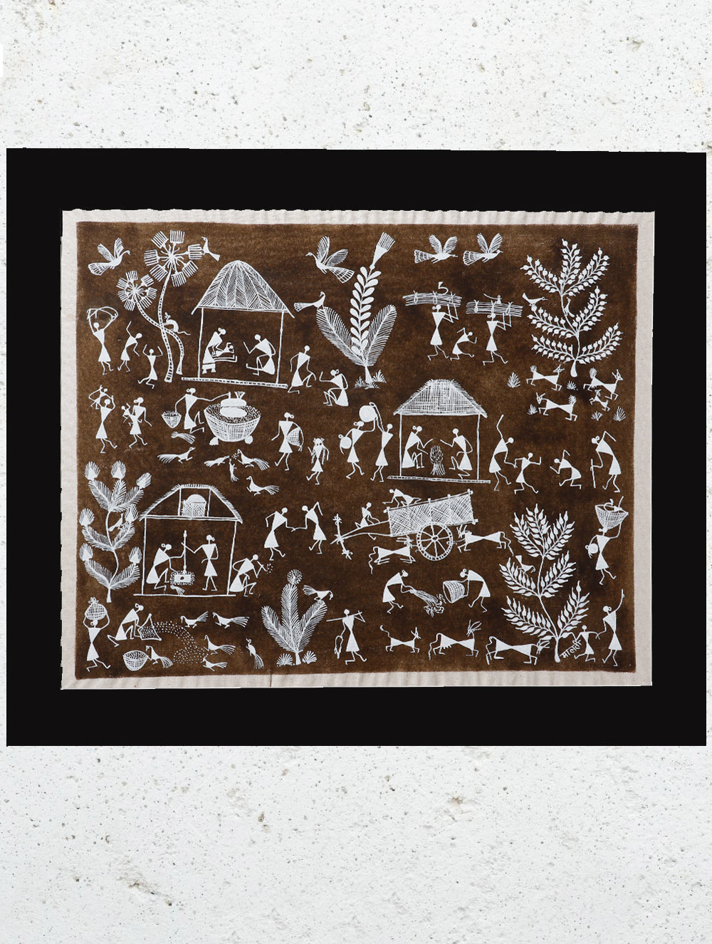Large Warli Painting With Mount - Village Scene (16"x 19")