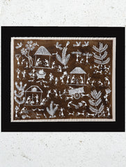 Large Warli Painting With Mount - Village Scene (16"x 19")
