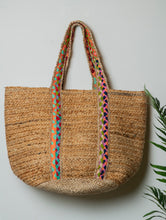 Load image into Gallery viewer, Large Jute Utility Tote Bag With Fabric Trimmings - Braid