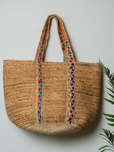 Large Jute Utility Tote Bag With Fabric Trimmings - Braid