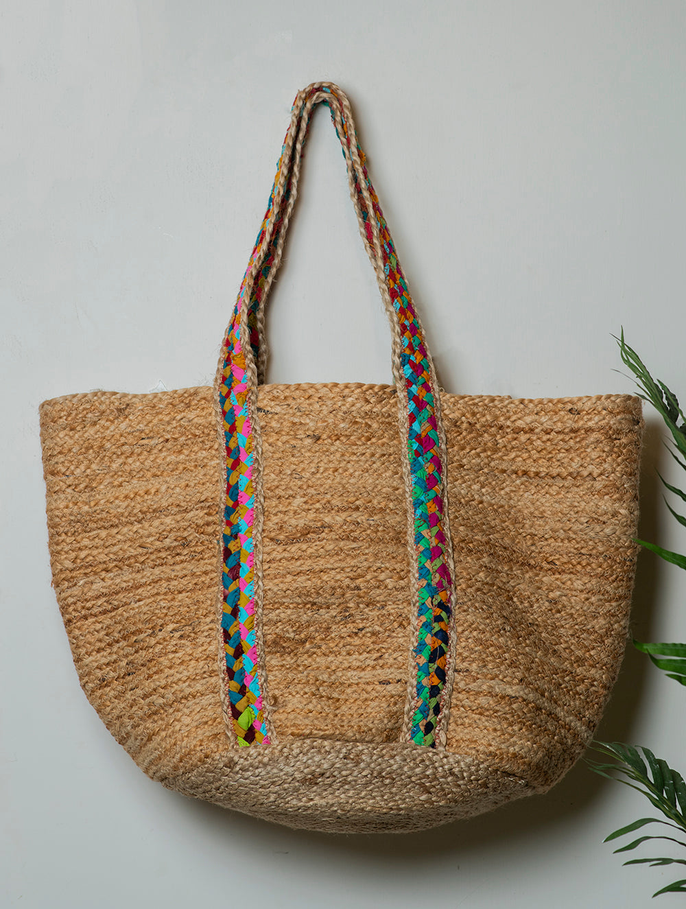 Large Jute Utility Tote Bag With Fabric Trimmings - Braid