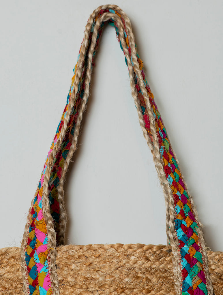 Large Jute Utility Tote Bag With Fabric Trimmings - Braid