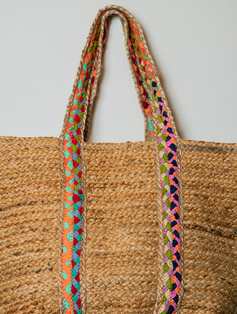 Large Jute Utility Tote Bag With Fabric Trimmings - Braid