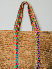 Large Jute Utility Tote Bag With Fabric Trimmings - Braid