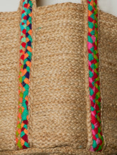 Load image into Gallery viewer, Large Jute Utility Tote Bag With Fabric Trimmings - Coloured Braid