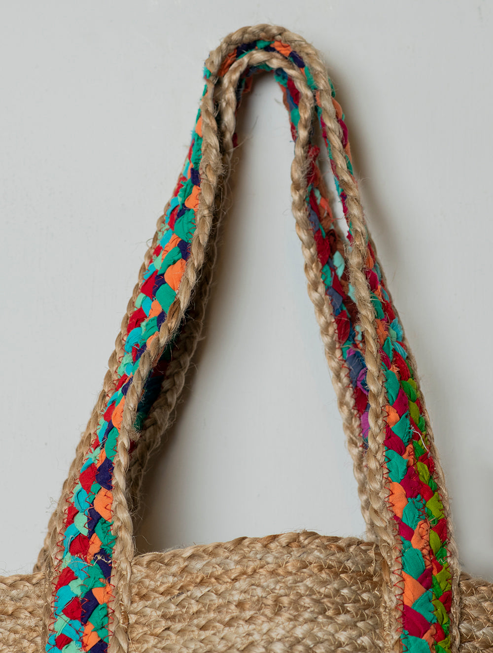 Load image into Gallery viewer, Large Jute Utility Tote Bag With Fabric Trimmings - Coloured Braid