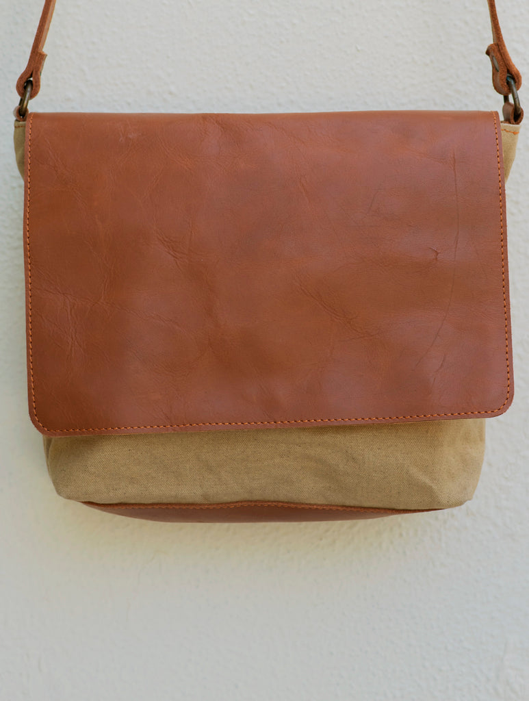 Leather & Fabric Sling Bag -  Camel & Beige