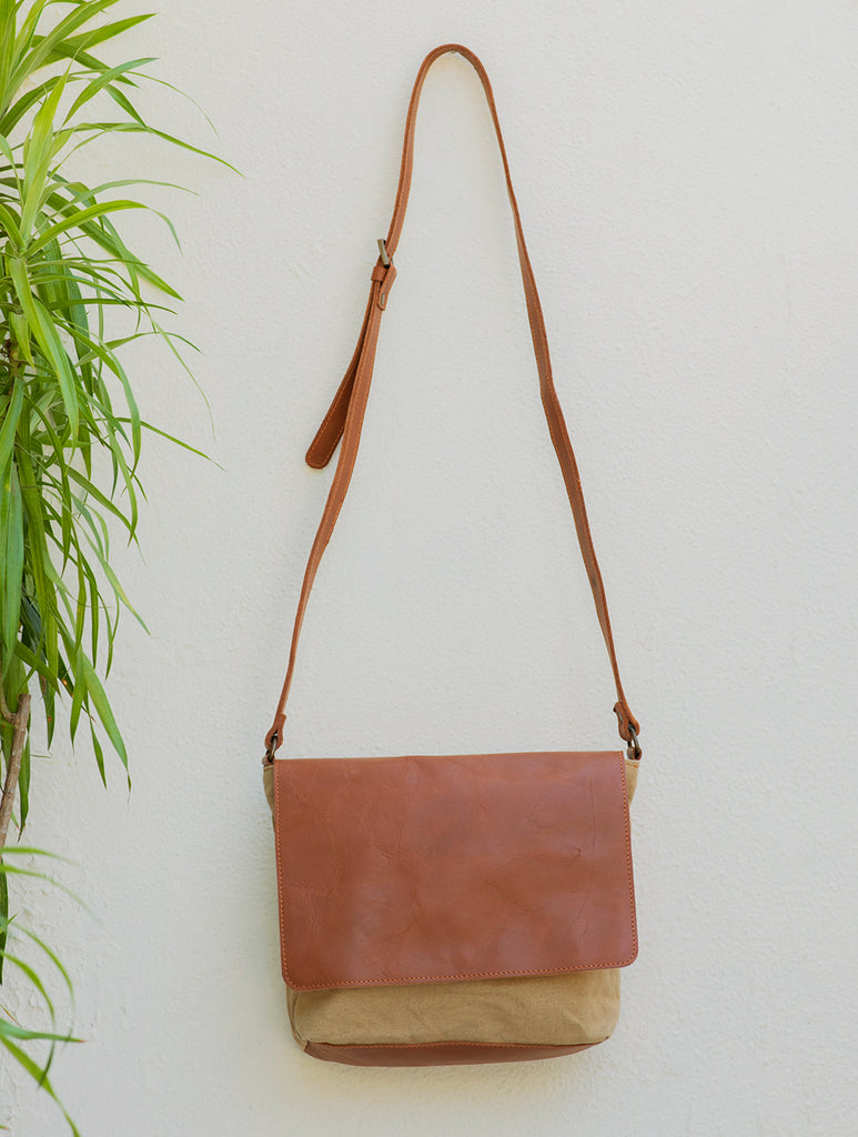 Leather & Fabric Sling Bag -  Camel & Beige