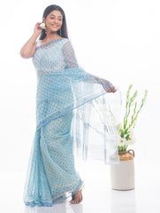 Light & Breezy. Sanganeri Kota Doria Saree - Soft Blue Flora 