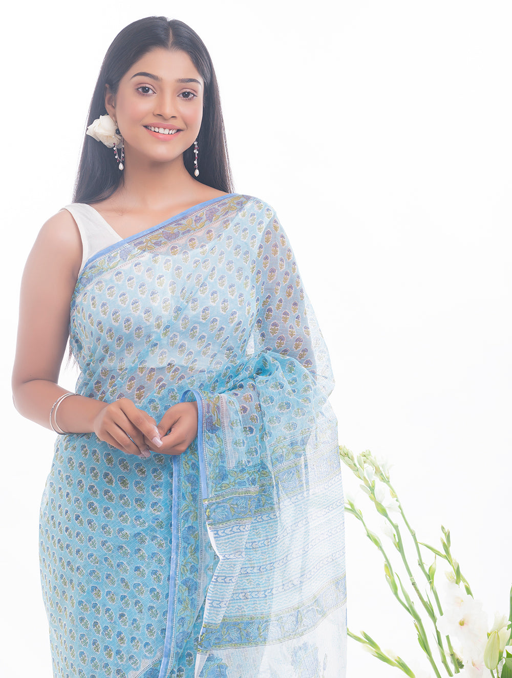 Light & Breezy. Sanganeri Kota Doria Saree - Soft Blue Flora 