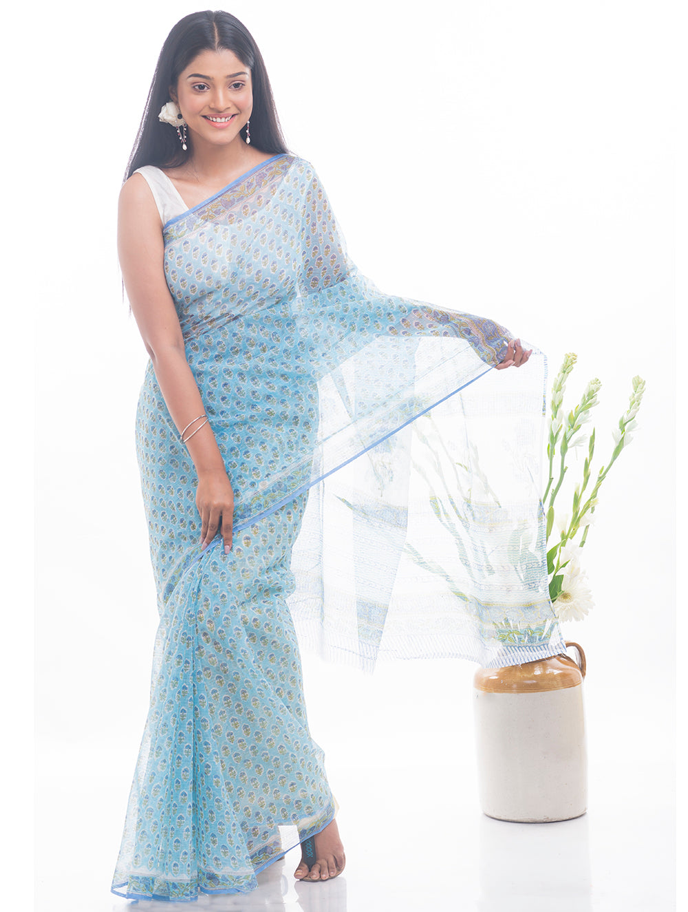 Light & Breezy. Sanganeri Kota Doria Saree - Soft Blue Flora 