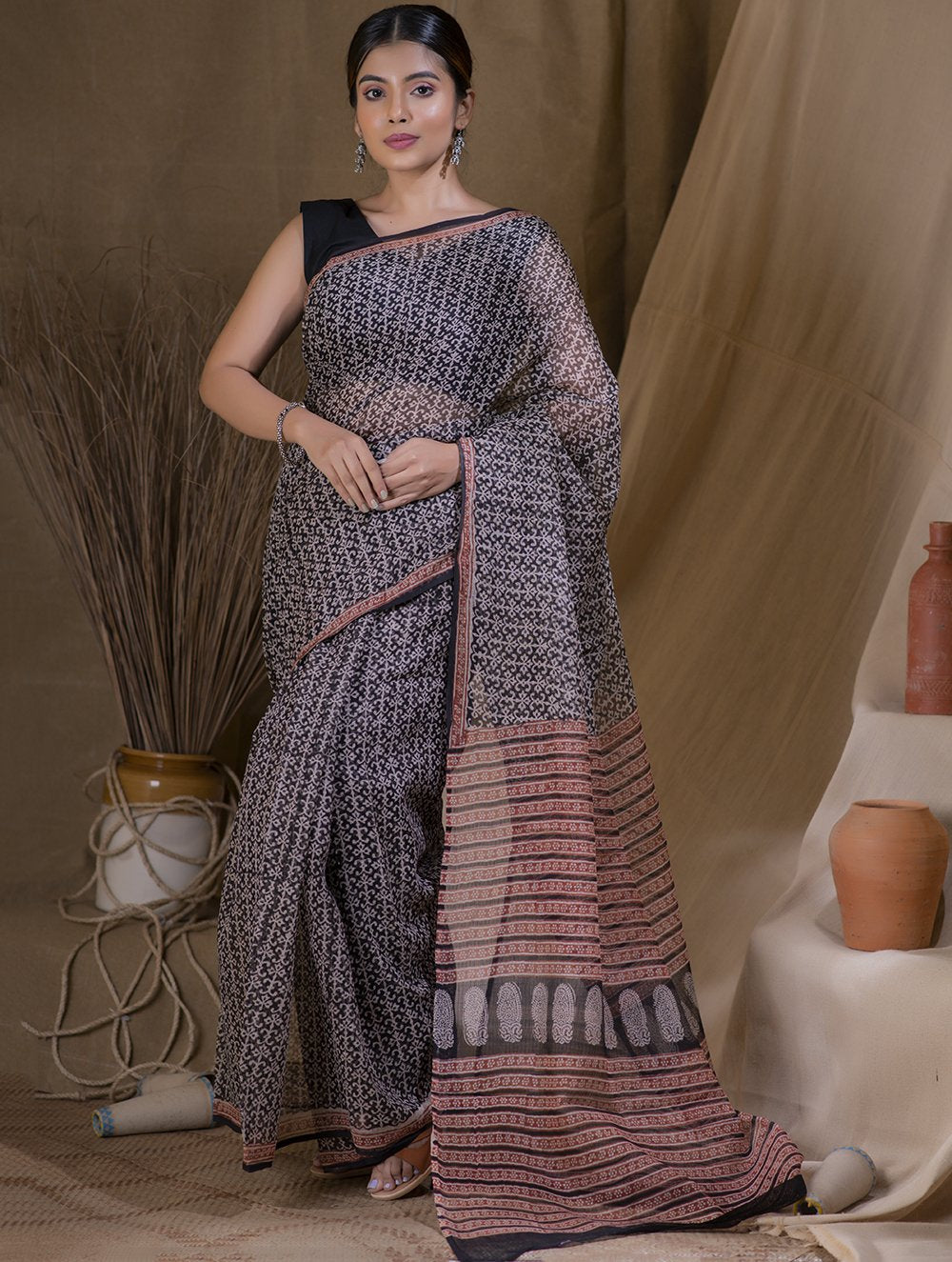 Load image into Gallery viewer, Light &amp; Cool. Bagru Block Printed Kota Doria Saree - Black Print  (Without Blouse Piece)