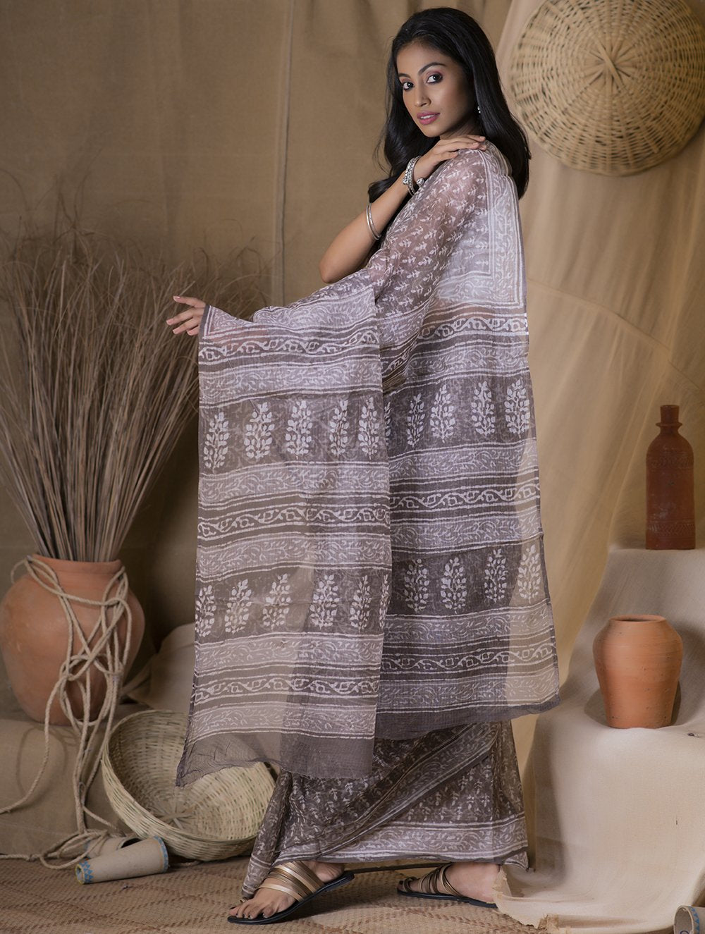 Load image into Gallery viewer, Light &amp; Cool. Bagru Block Printed Kota Doria Saree - Blooming Buds  (Without Blouse Piece)