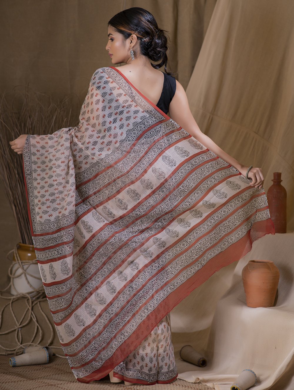 Load image into Gallery viewer, Light &amp; Cool. Bagru Block Printed Kota Doria Saree - Leaf &amp; Posy  (Without Blouse Piece)