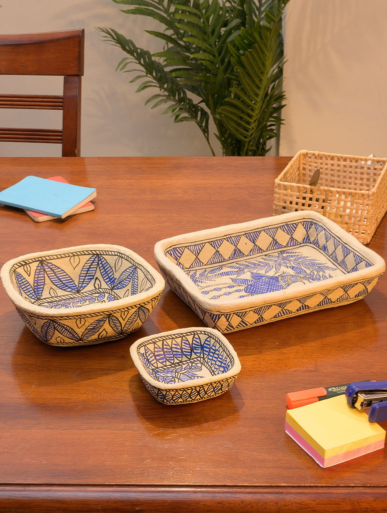 Madhubani Art Papier Mache - Multi-Utility Baskets & Tray (Set of 3)