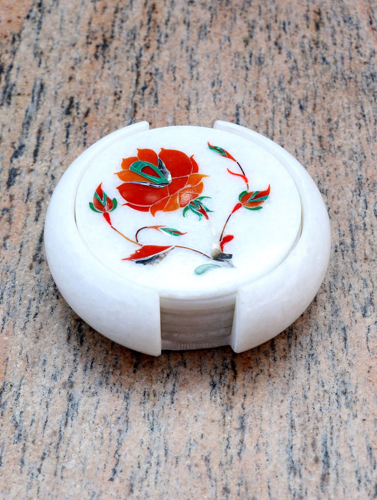 Marble Inlay Round Coaster Set with Holder