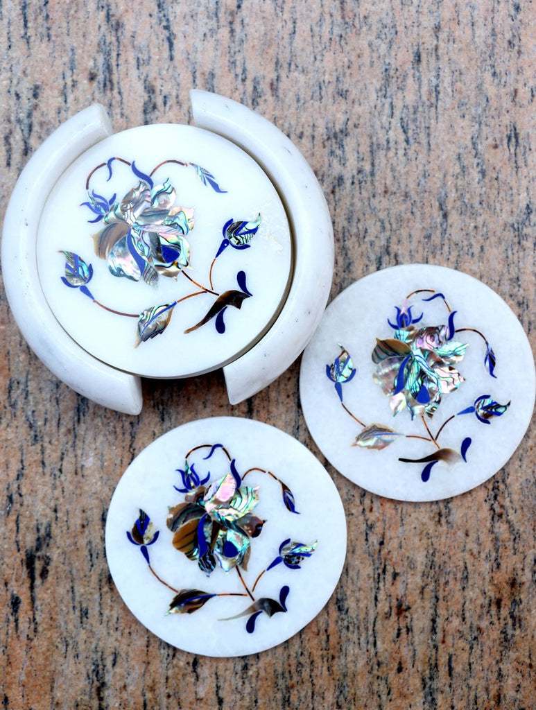 Marble Inlay Round Coaster Set with Holder